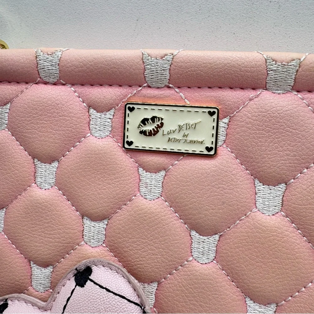 Betsey Johnson Love Betsey Pink Cat Quilted Clutch with Heart‎ Charm